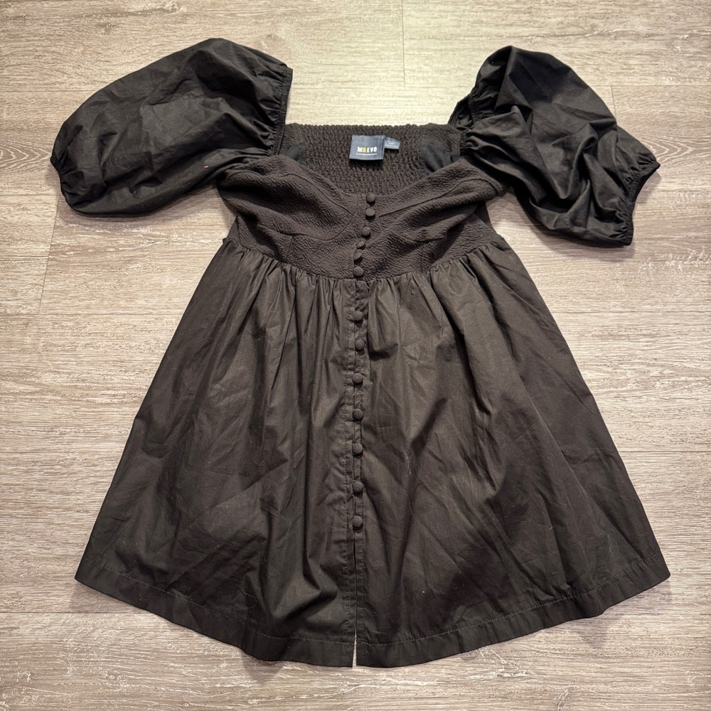 Maeve Dress Women L Black Smocked Puff Sleeve Mini Boho Whimsigoth Dark Academia